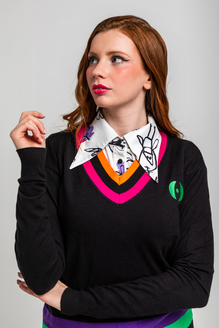 Lolina • Imagine Sweater V Neckline • Black with Stripes