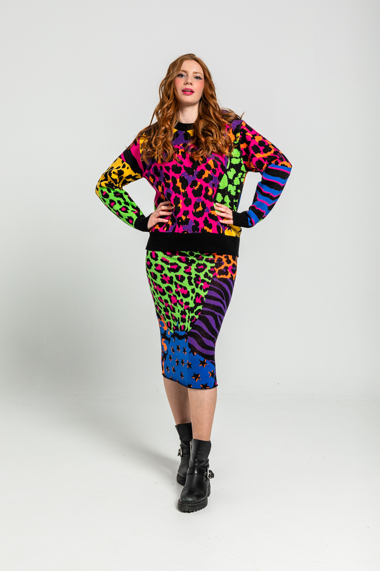 Lolina • Caótica Midi Knitted Skirt • Black multi Leopard