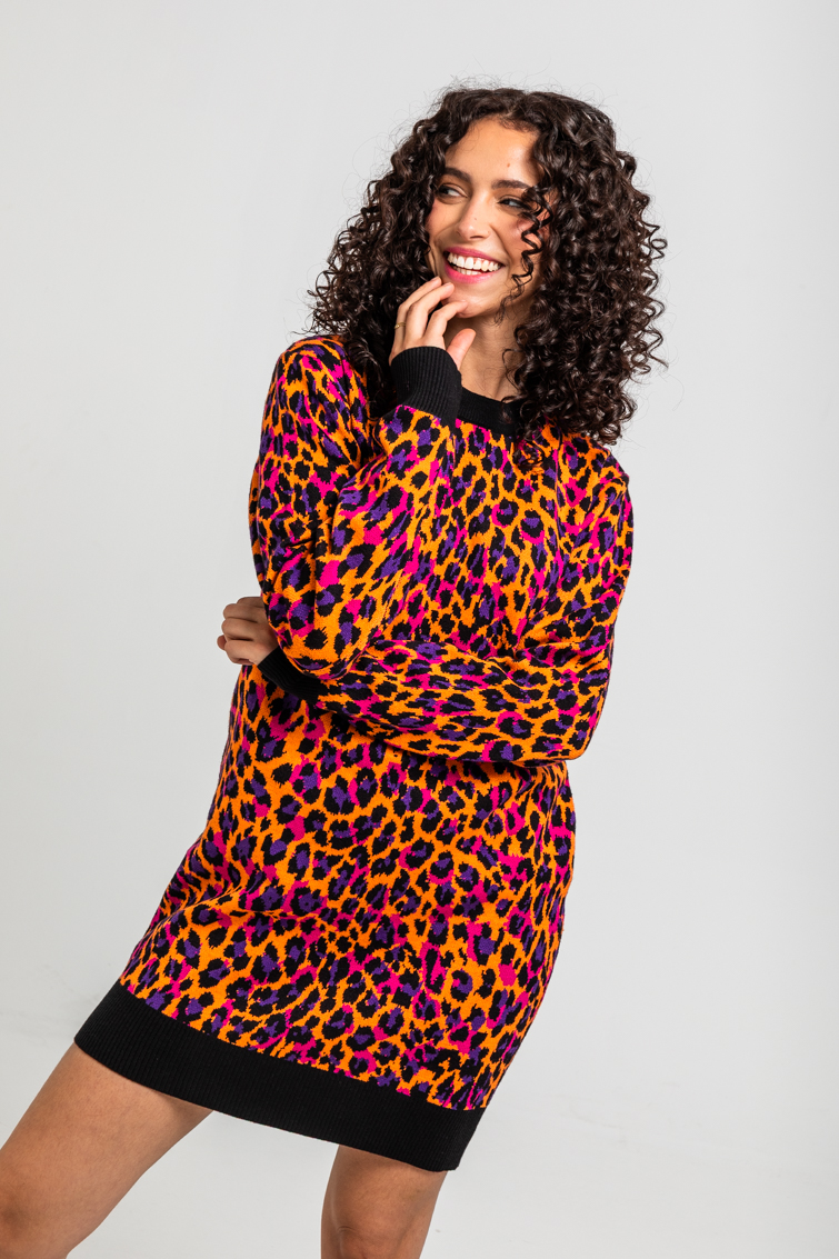 Lolina • I'm Felina Knitted SweaterDress • Orange Leopard