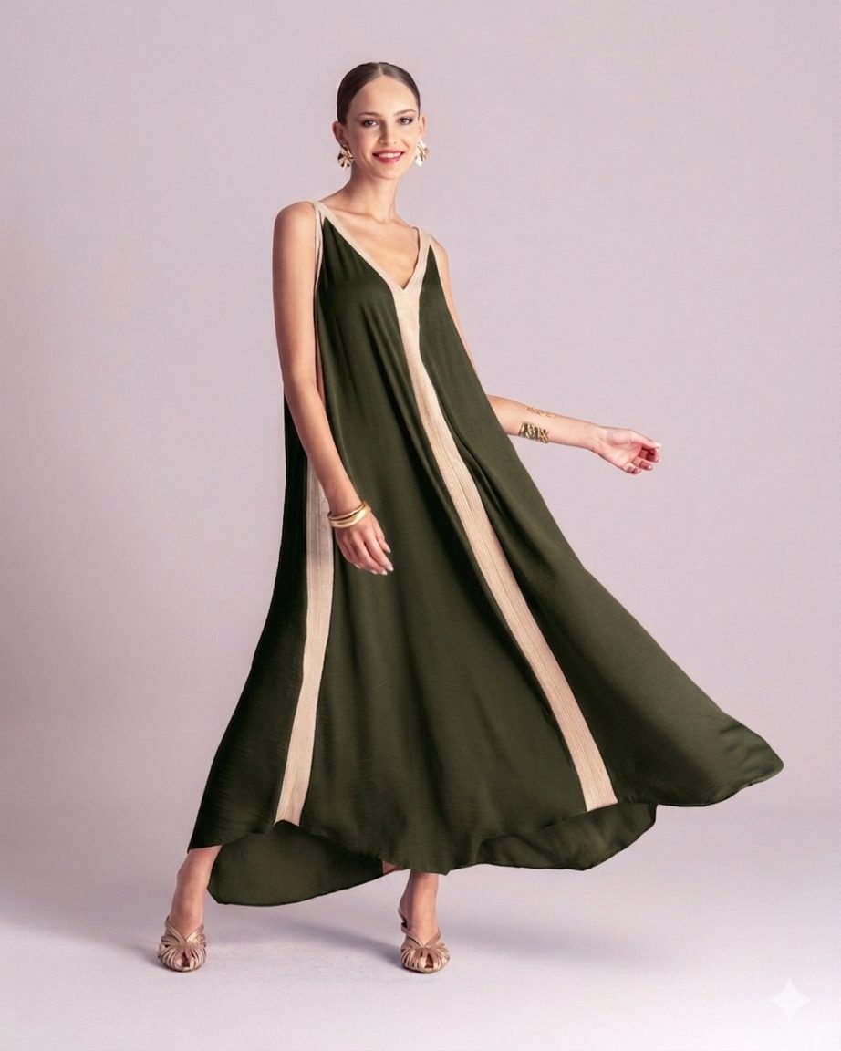 Moutaki • Grecian Dress • Olive Green Gold