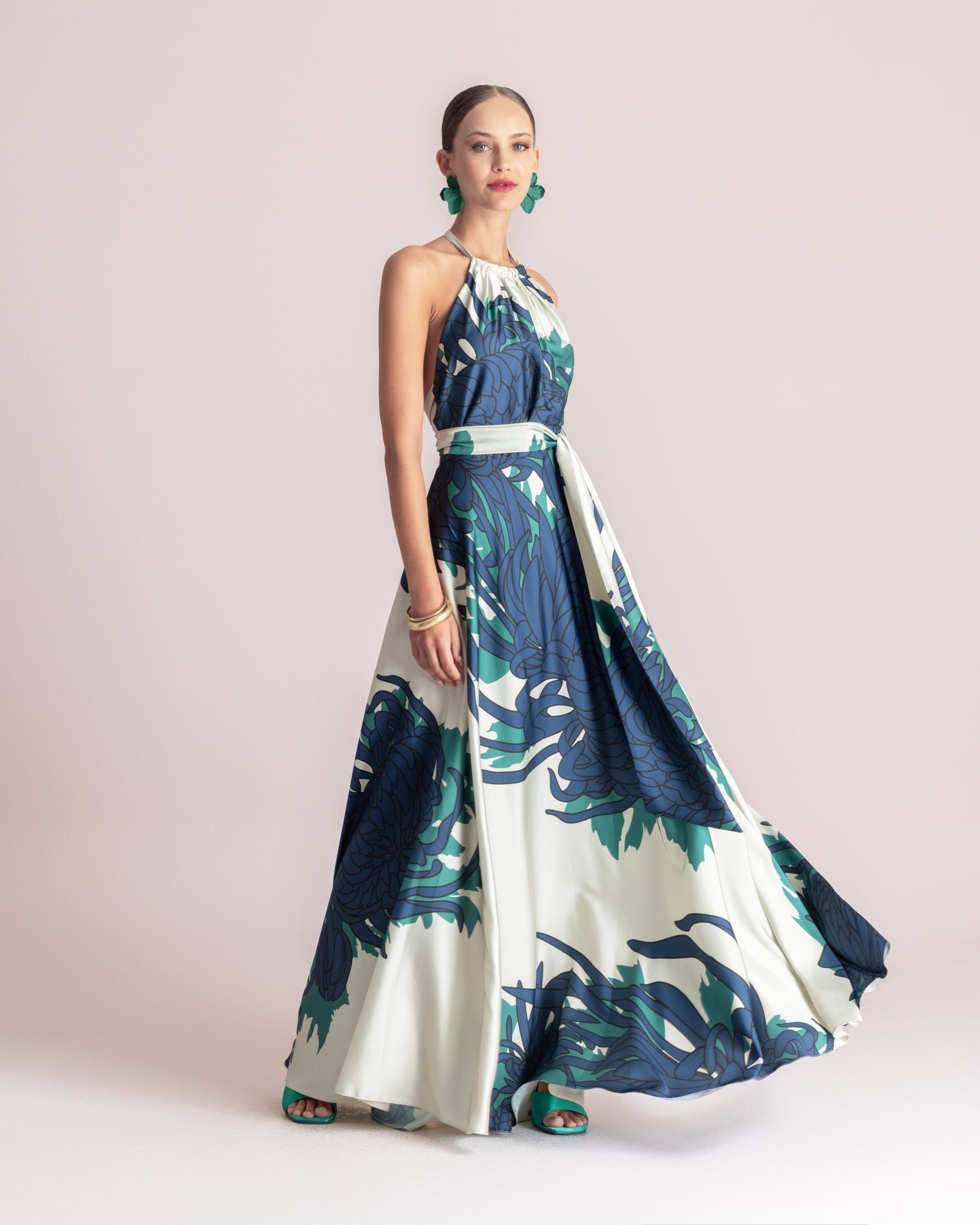 Moutaki • Halter Neck Dress • Navy Blue Green Sand