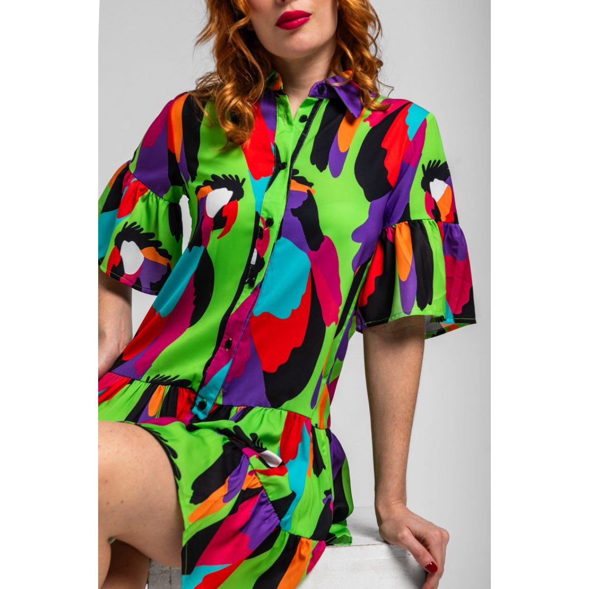 Lolina • Short Ruffled Shirtdress Parrots • Green Multi - Image 2