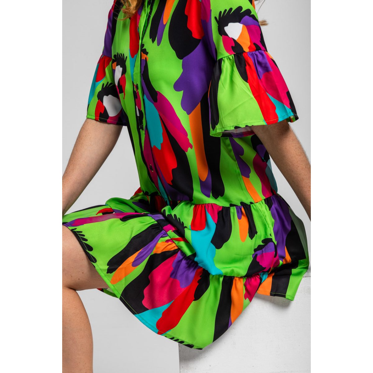 Lolina • Short Ruffled Shirtdress Parrots • Green Multi - Image 6