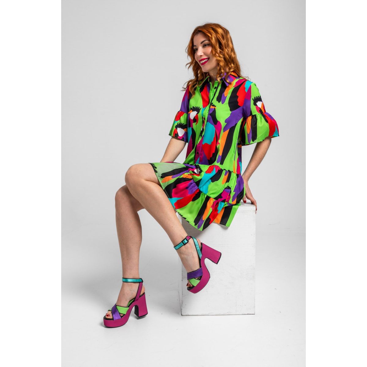 Lolina • Short Ruffled Shirtdress Parrots • Green Multi - Image 7