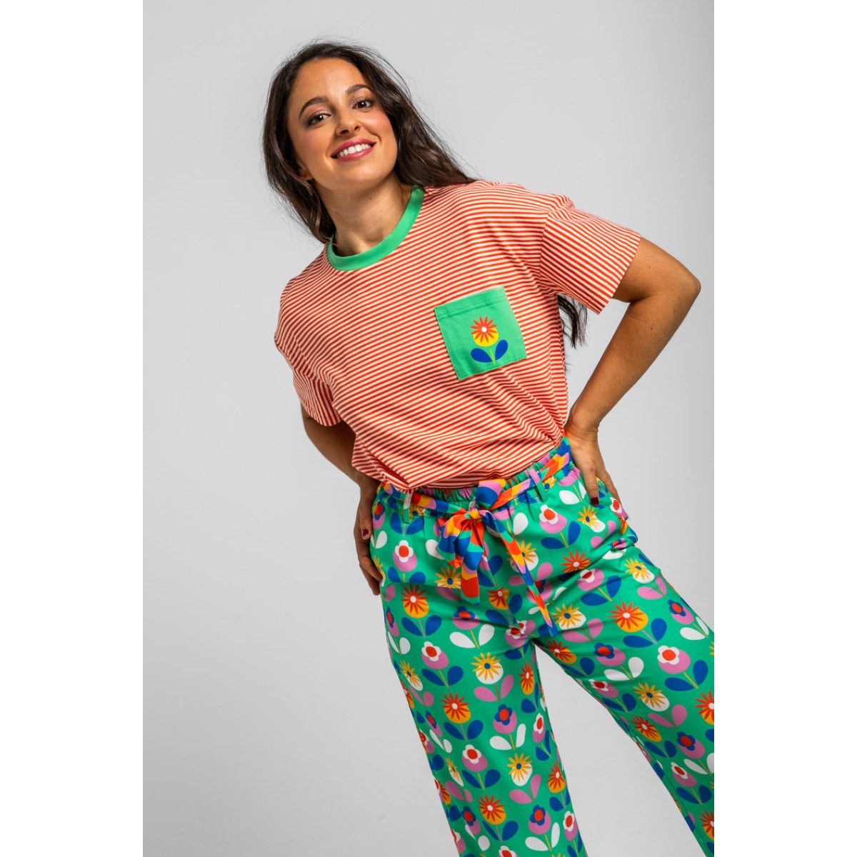 Lolina • Square cut Blooming T-shirt • Orange stripes - Image 2