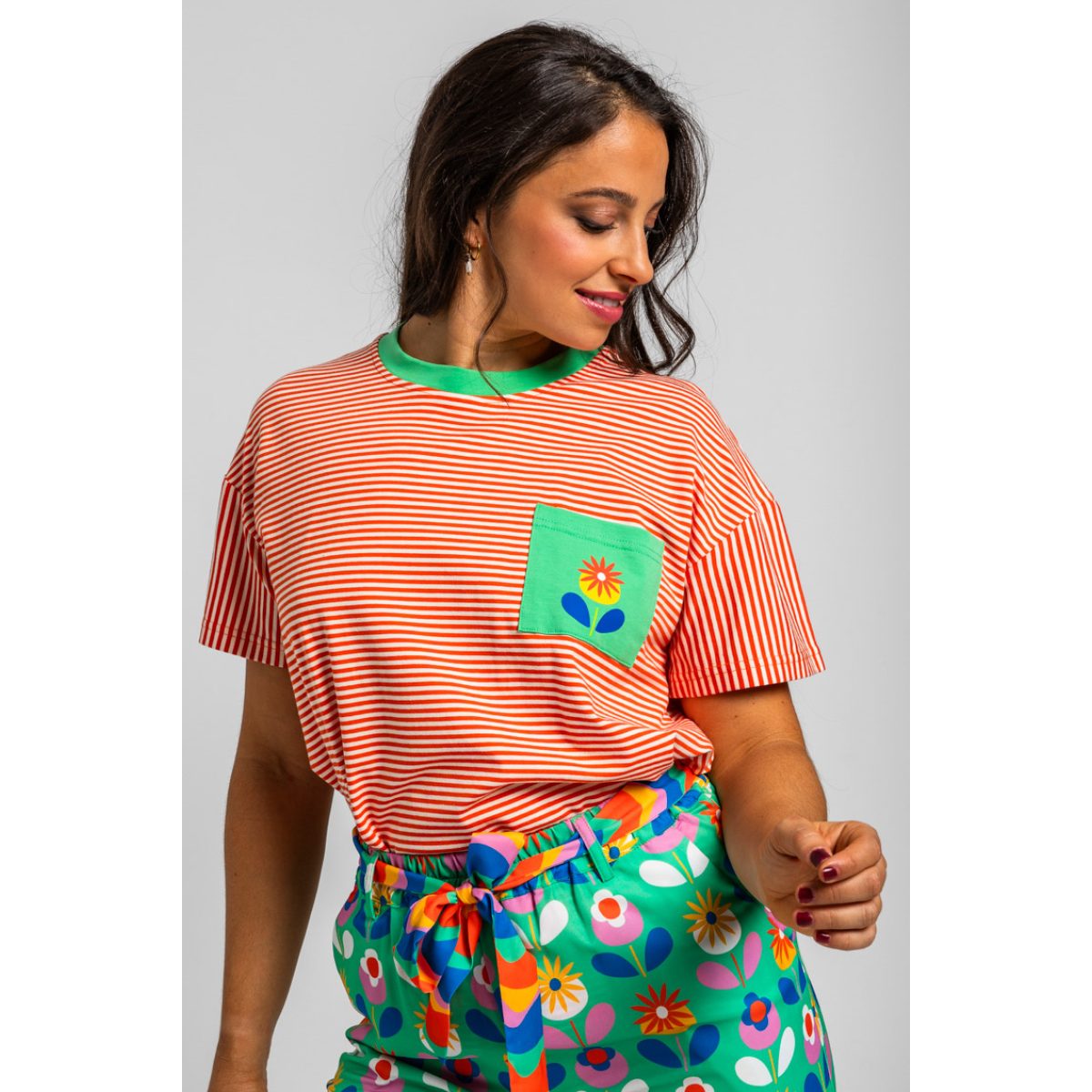 Lolina • Square cut Blooming T-shirt • Orange stripes - Image 3