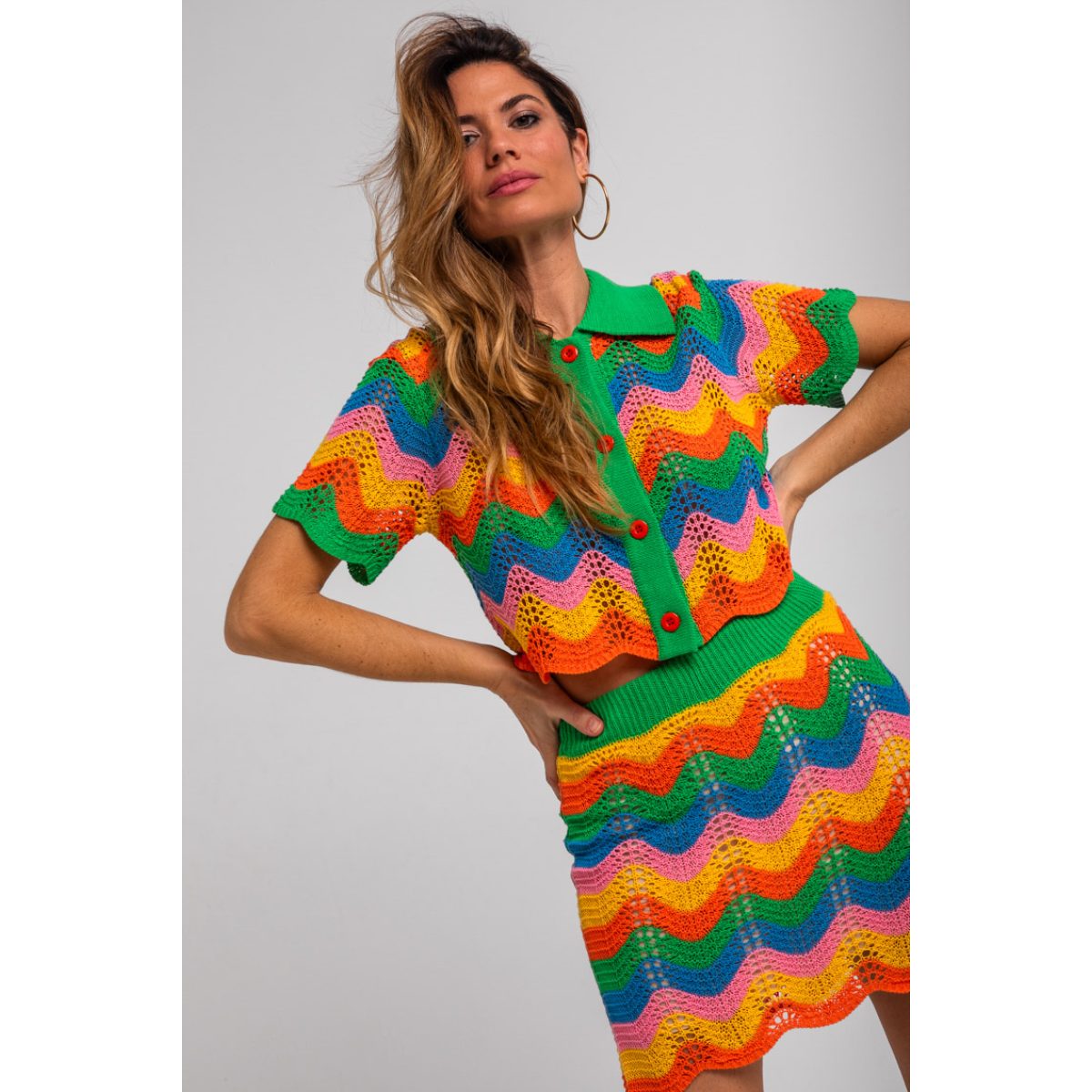 Lolina • Échate flores • Knitted Co-ord Set Waves • Green Yellow Orange - Image 5