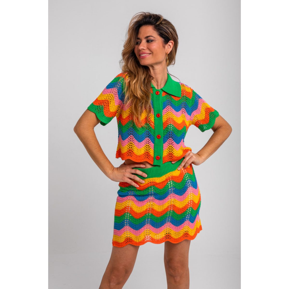 Lolina • Échate flores • Knitted Co-ord Set Waves • Green Yellow Orange - Image 4