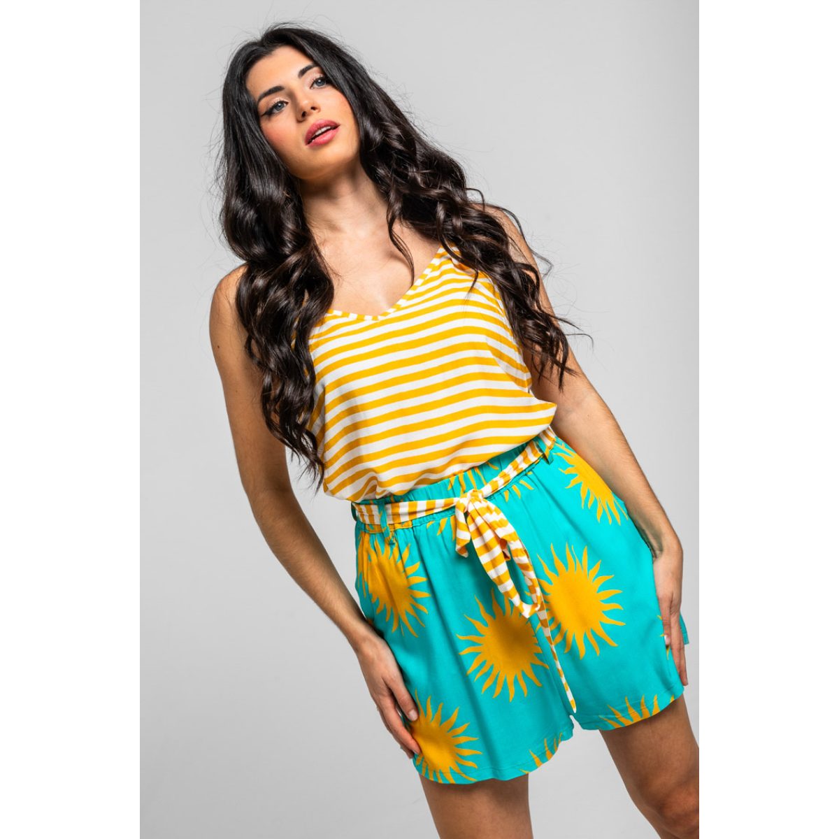 Lolina • Oh Sole mio Shorts with bow • Turquoise Yellow - Image 2