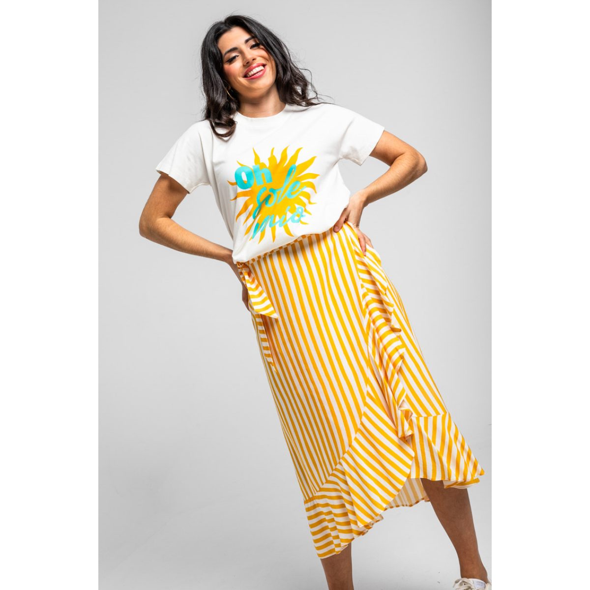 Lolina • Oh Sole Mio Ruffled Pareo Midi Skirt • Yellow White Straps - Image 3