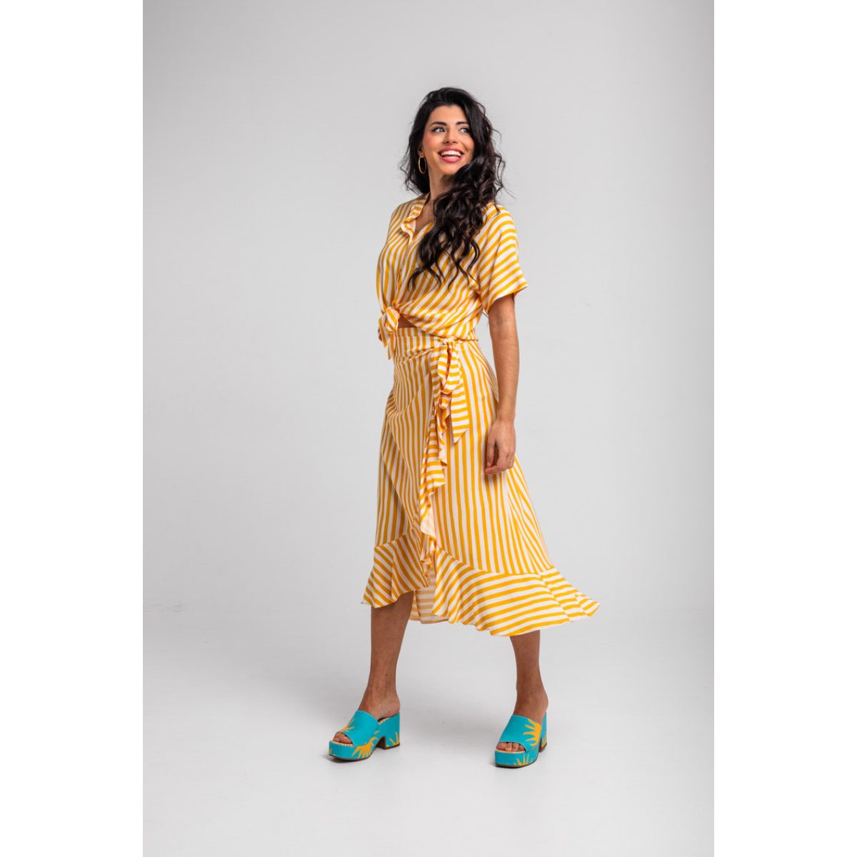Lolina • Oh Sole Mio Ruffled Pareo Midi Skirt • Yellow White Straps - Image 2