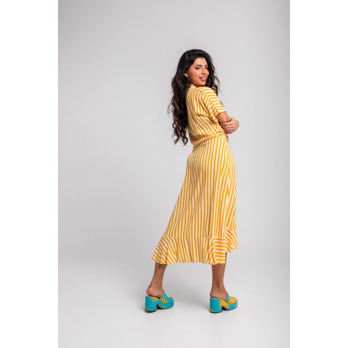 Lolina • Oh Sole Mio Ruffled Pareo Midi Skirt • Yellow White Straps - Image 4