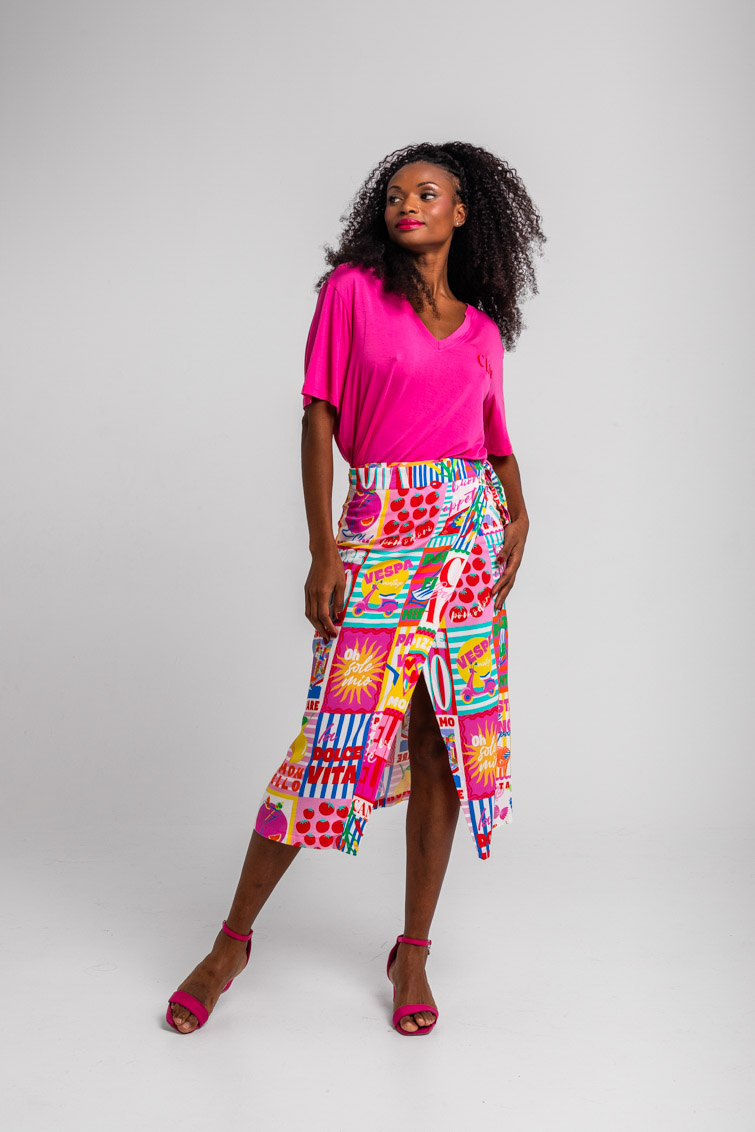 Lolina • Dolce Far Niente Wrap Midi Skirt • Italian collage print