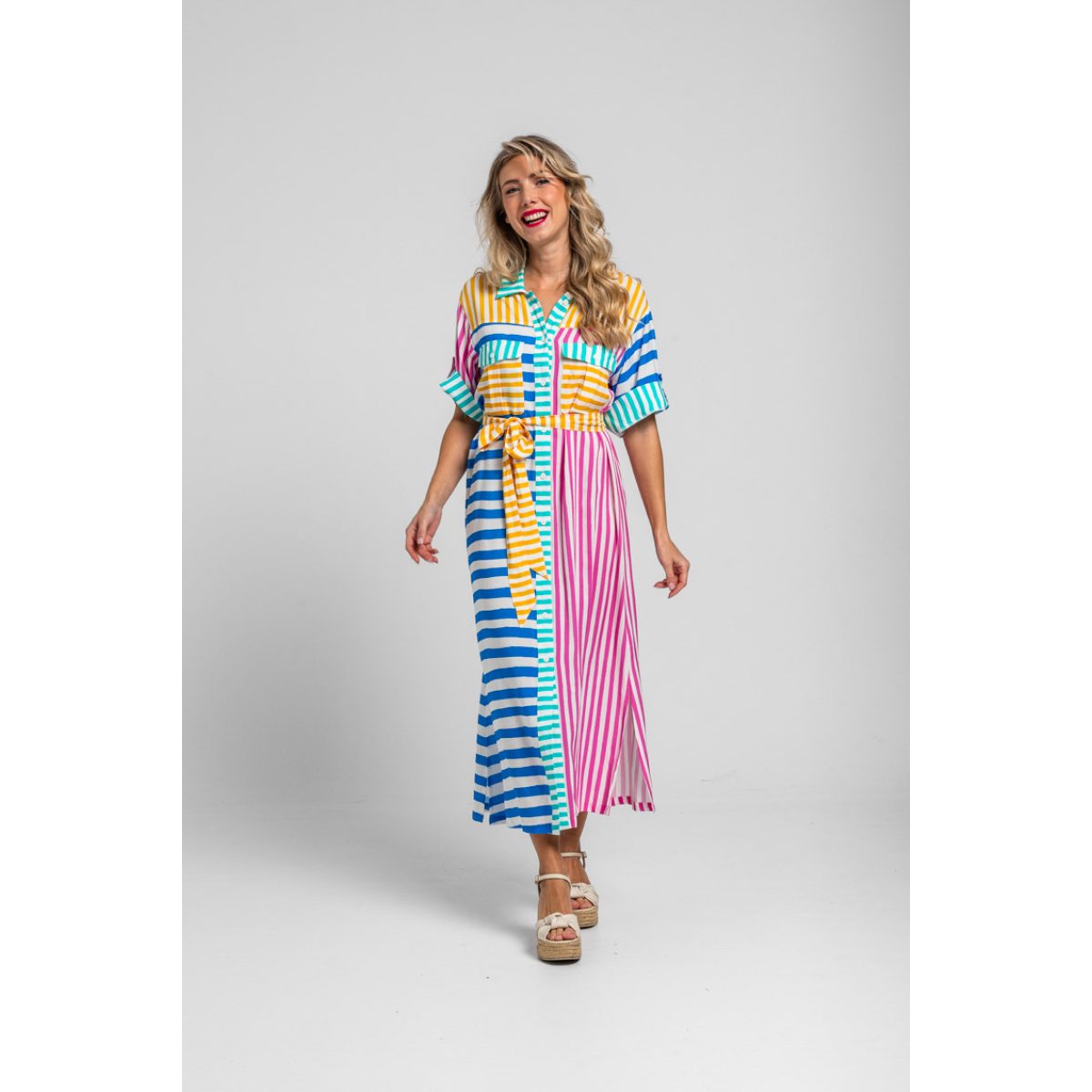 Lolina • Dolce Vita Midi Safari Shirtdress  • Blue Pink Yellow Stripes - Image 2