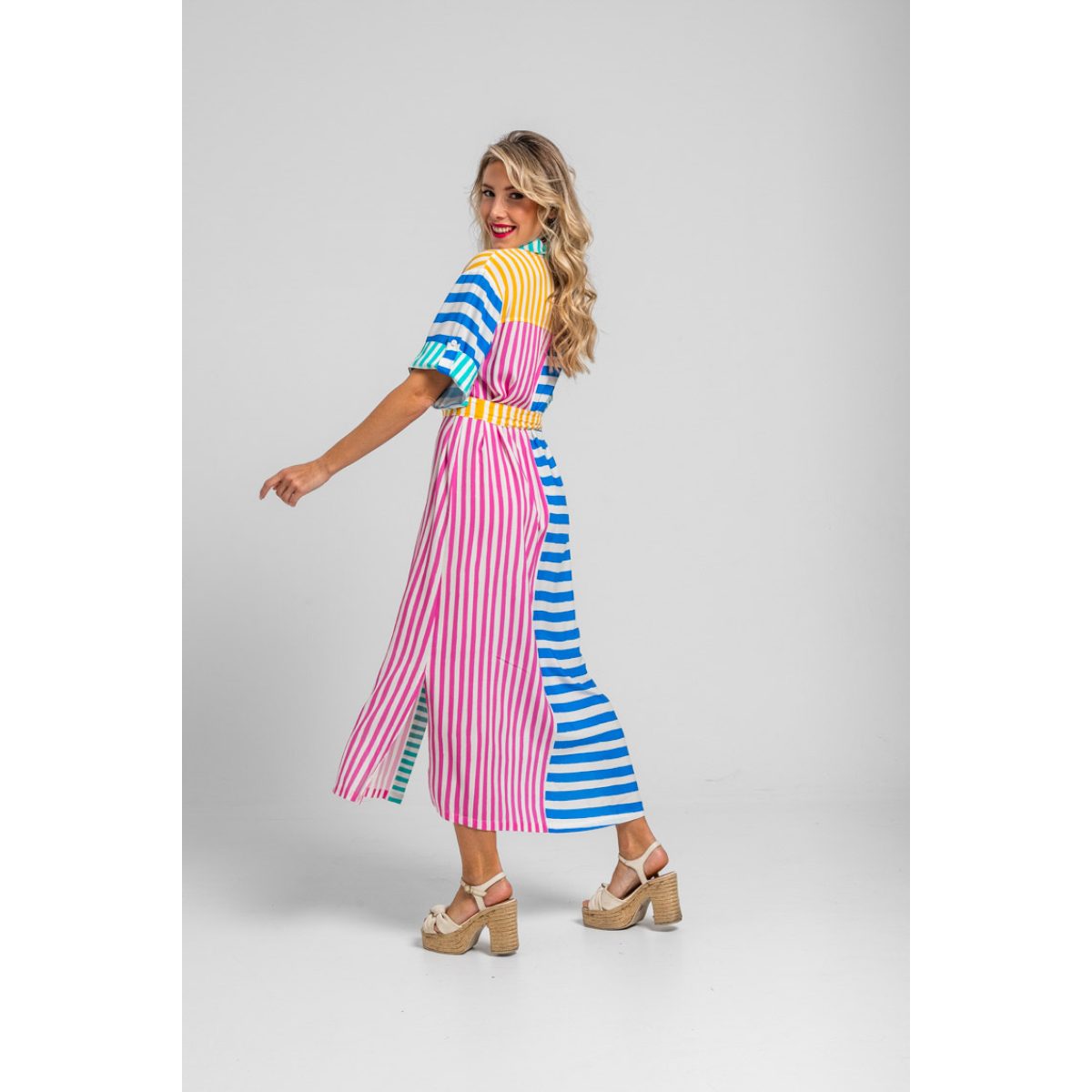 Lolina • Dolce Vita Midi Safari Shirtdress  • Blue Pink Yellow Stripes - Image 3