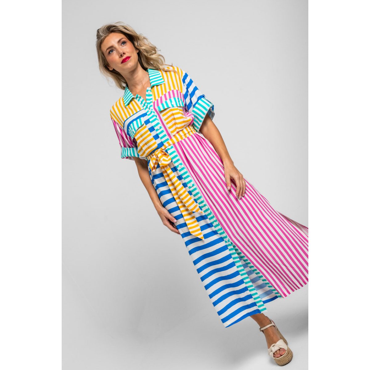 Lolina • Dolce Vita Midi Safari Shirtdress  • Blue Pink Yellow Stripes - Image 6