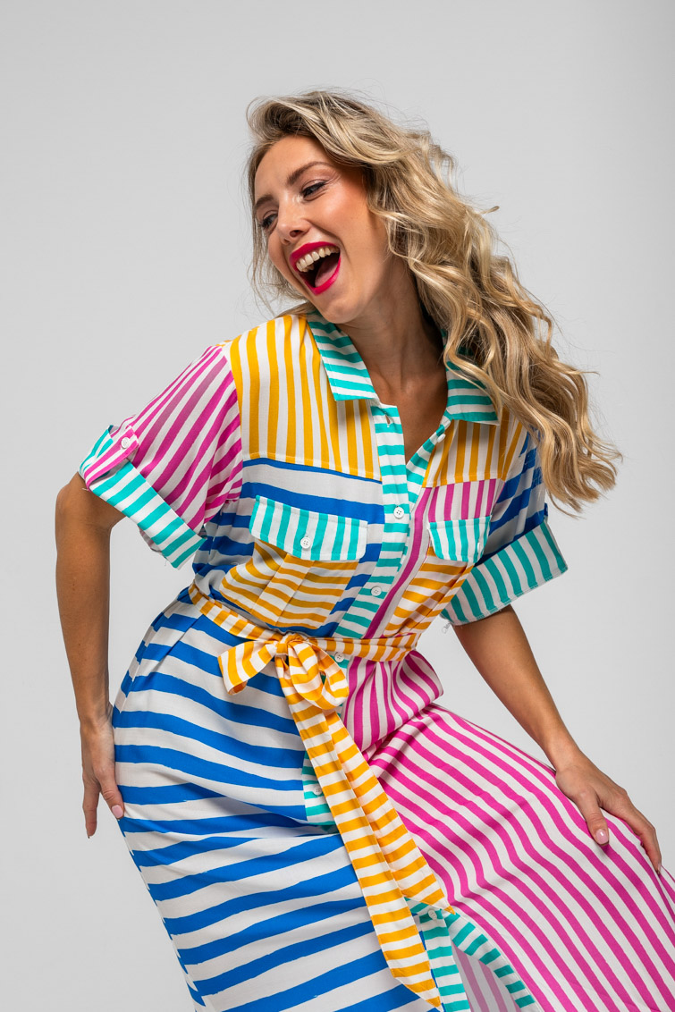 Lolina • Dolce Vita Midi Safari Shirtdress  • Blue Pink Yellow Stripes