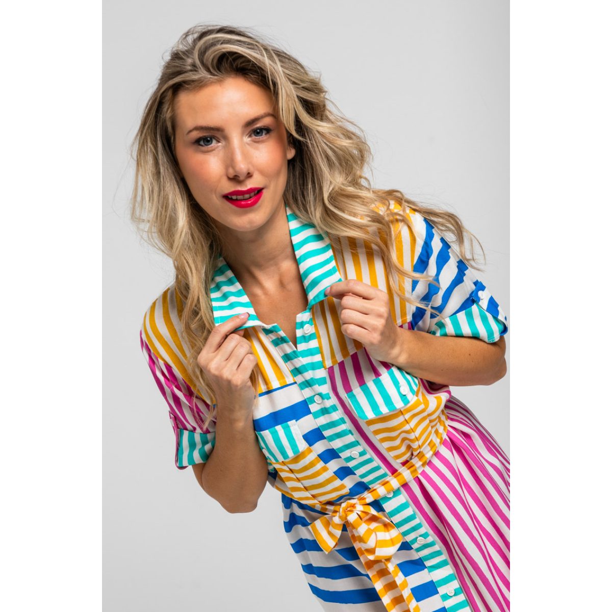 Lolina • Dolce Vita Midi Safari Shirtdress  • Blue Pink Yellow Stripes - Image 5