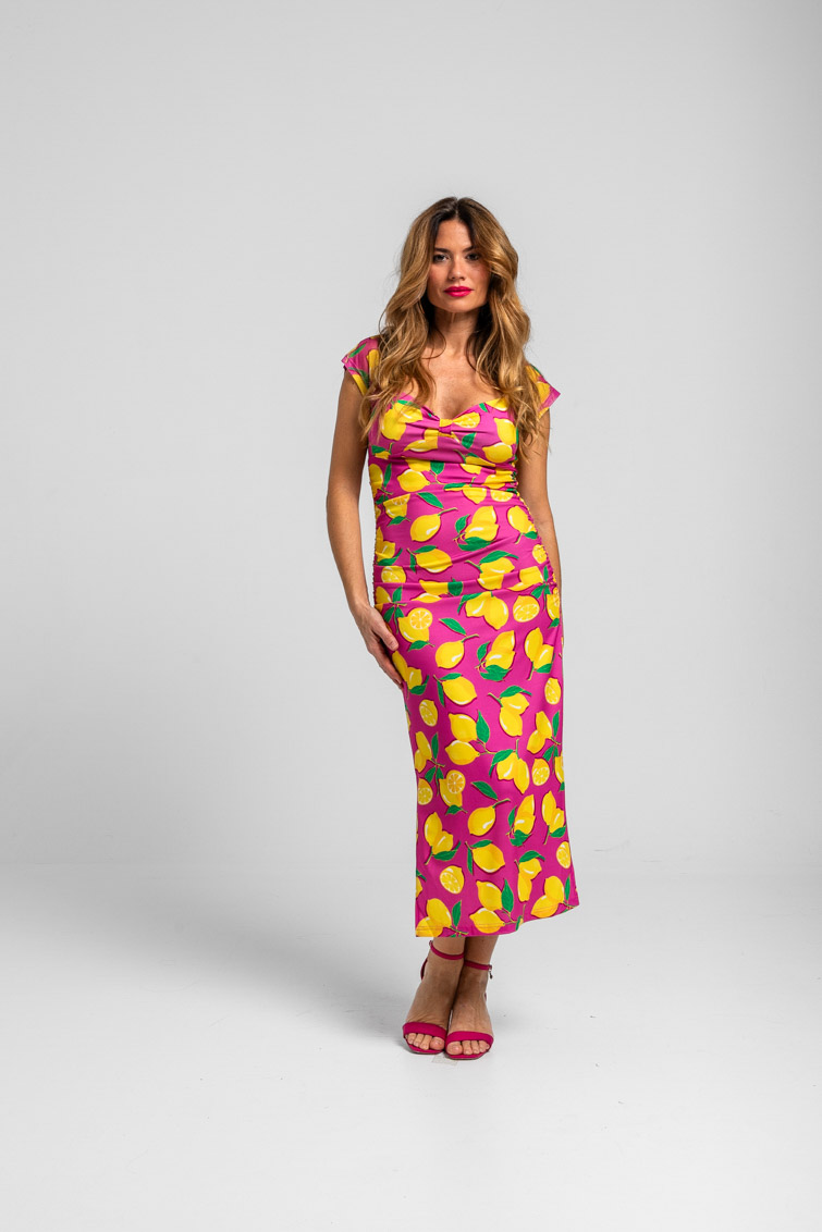 Lolina • Limoncello Midi Dress with Sweetheart Neckline • Pink Yellow