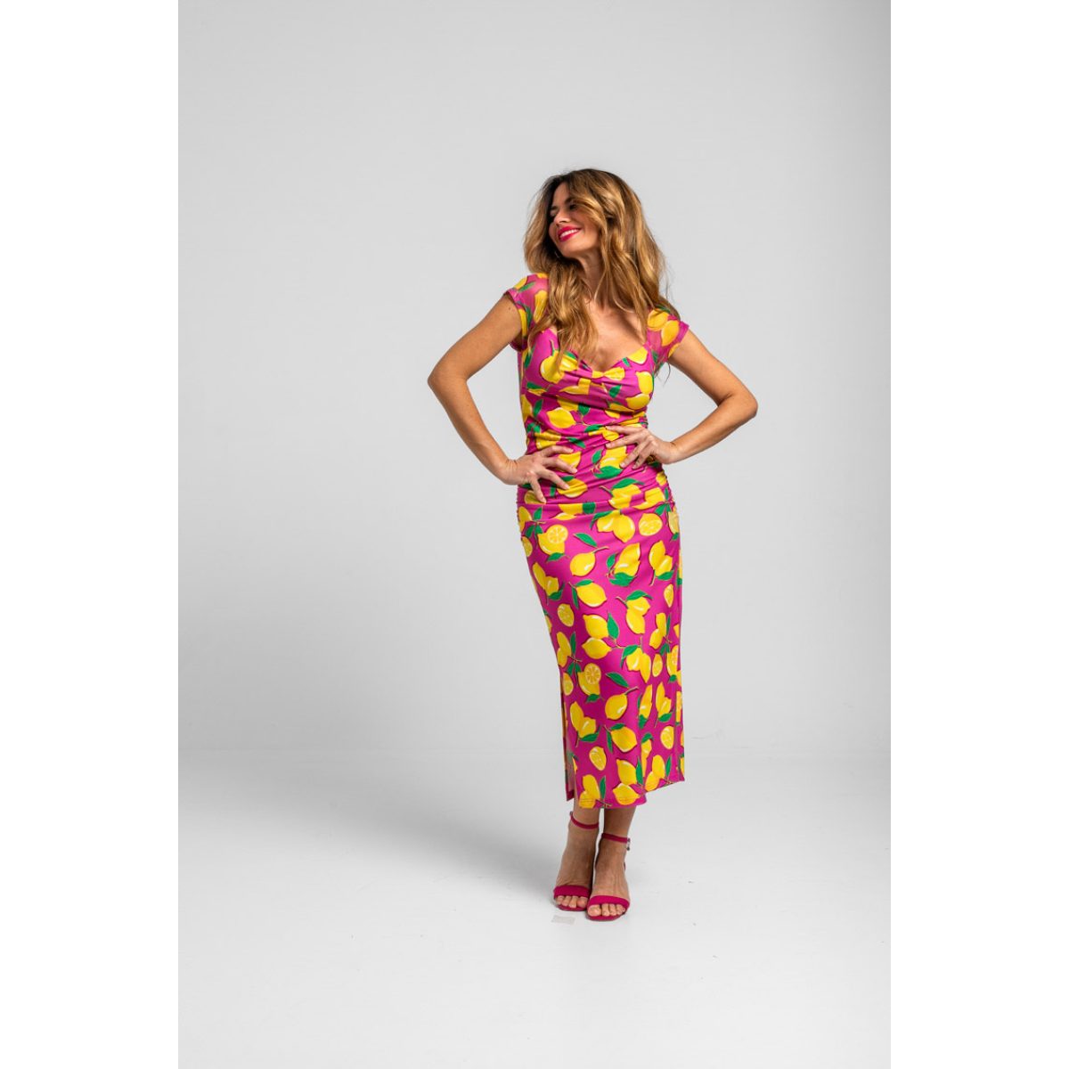 Lolina • Limoncello Midi Dress with Sweetheart Neckline • Pink Yellow - Image 2