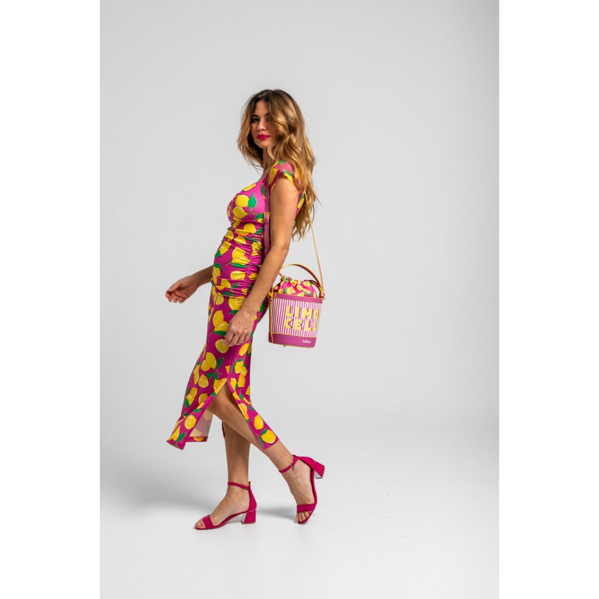 Lolina • Limoncello Midi Dress with Sweetheart Neckline • Pink Yellow - Image 3