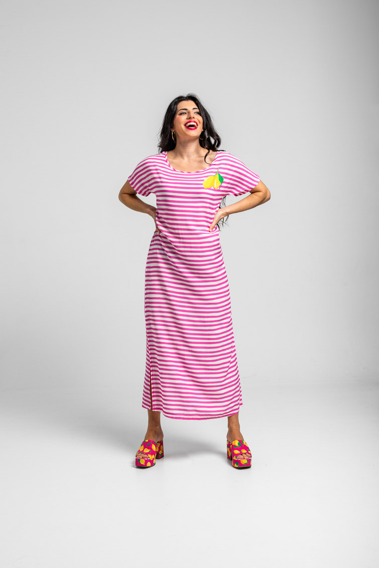 Lolina • Limoncello Long Stripped T-shirt Dress • Pink White