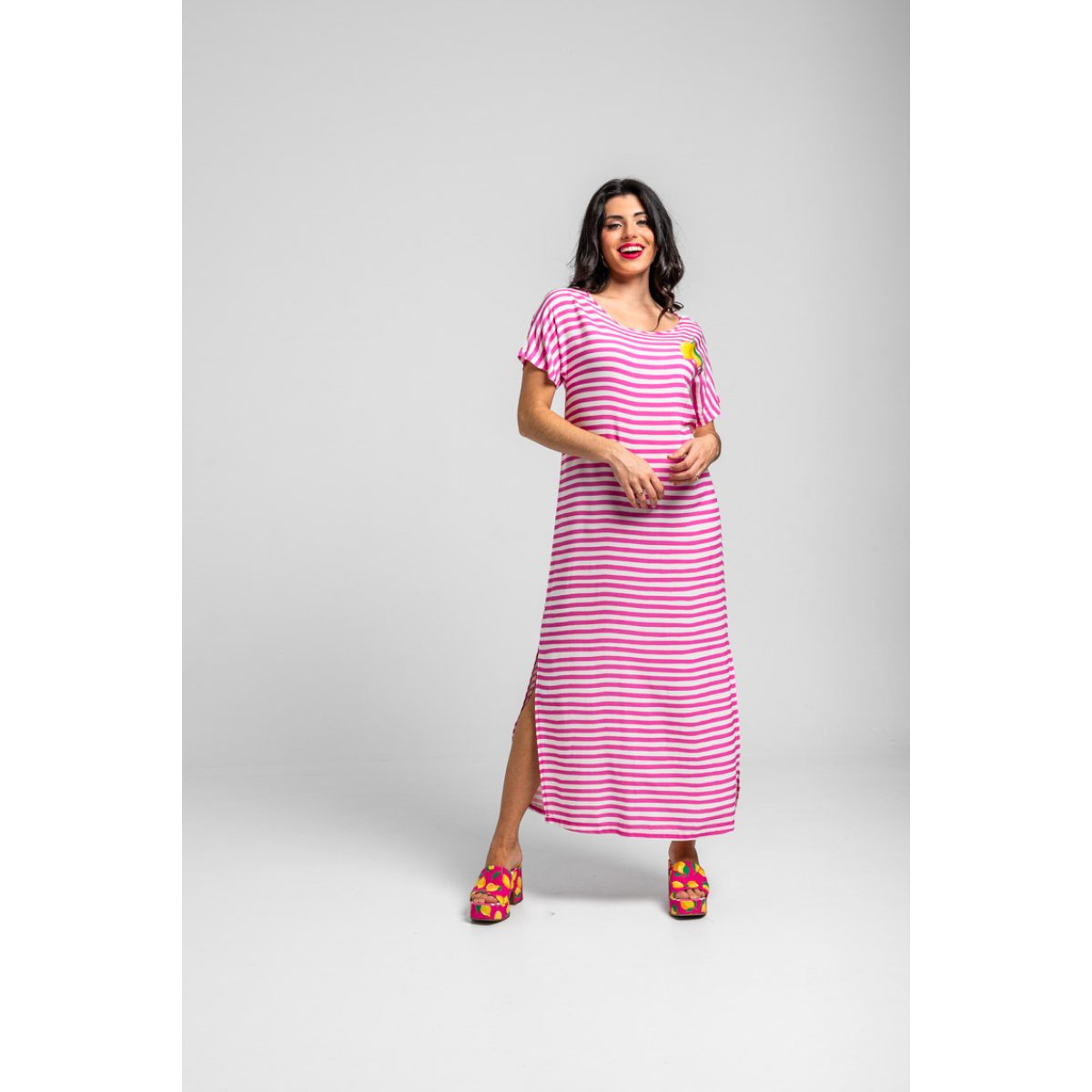 Lolina • Limoncello Long Stripped T-shirt Dress • Pink White - Image 3