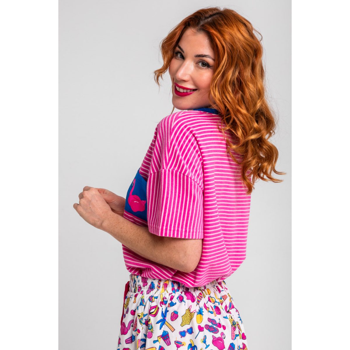 Lolina • Pool Party Τerry Τowelling t-Shirt • Pink White Stripes - Image 3