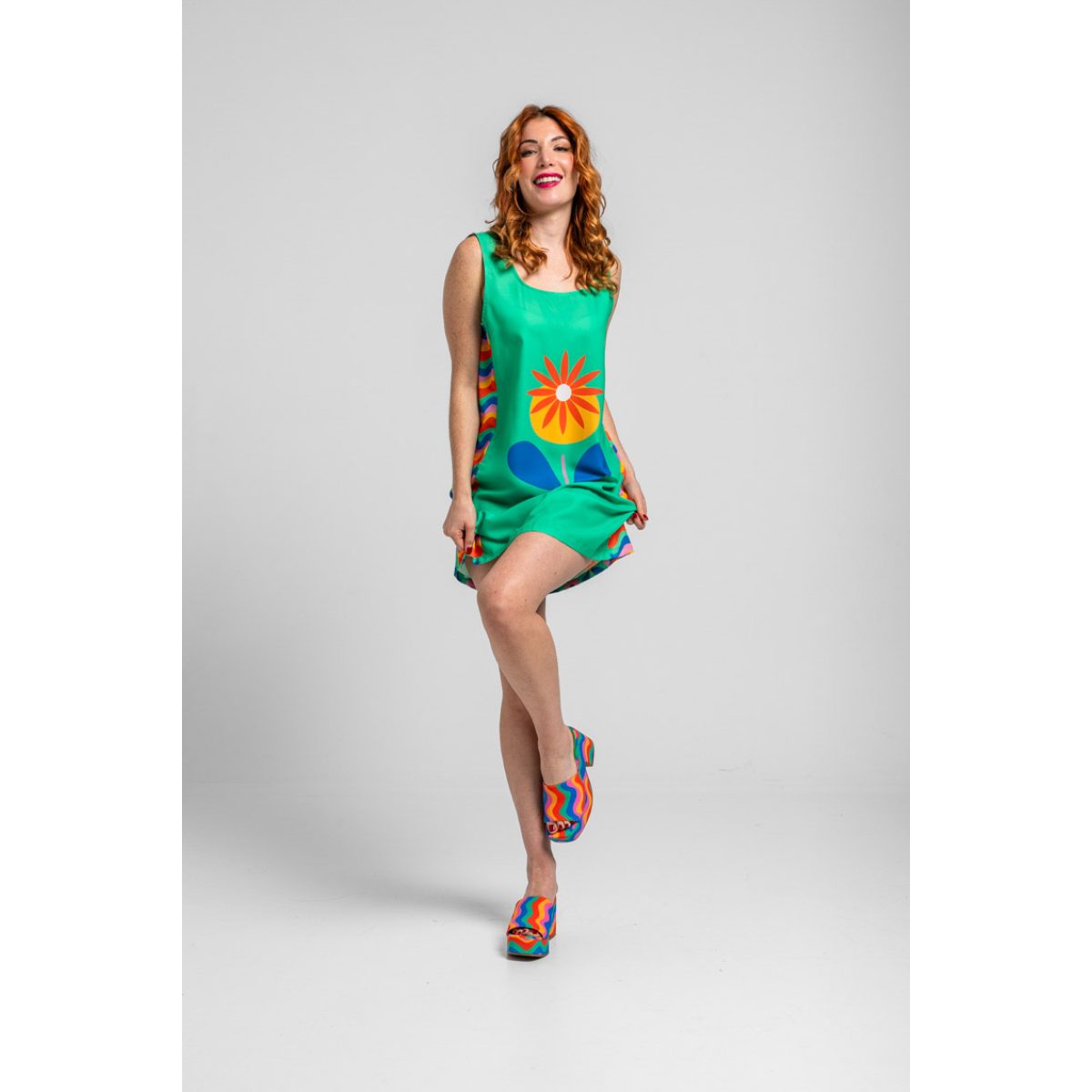 Lolina • Sixties Wide Strap Mini Dress  • Green Floral Blooming - Image 2