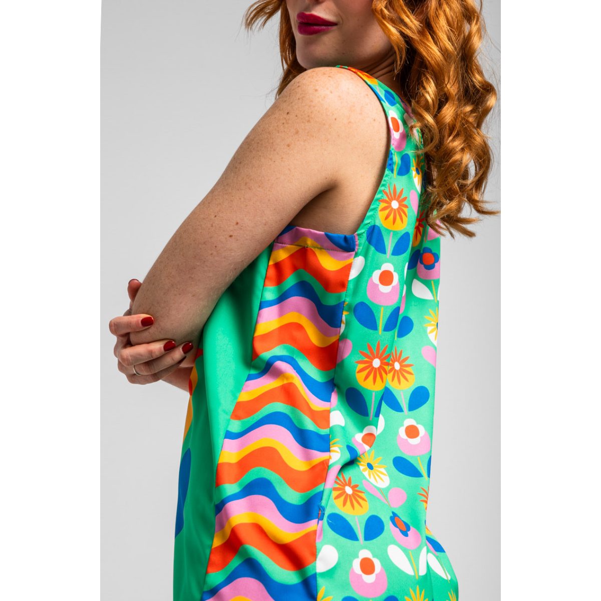 Lolina • Sixties Wide Strap Mini Dress  • Green Floral Blooming - Image 6