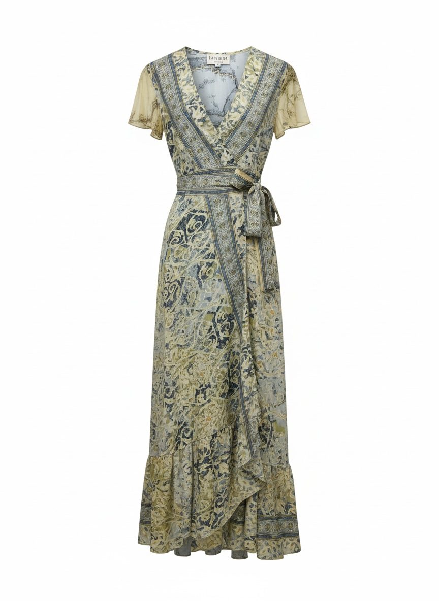 Pahiesa Formentera • Silk Collection • Asymmetrical Long Wrap Dress • Gold Blue Yellow